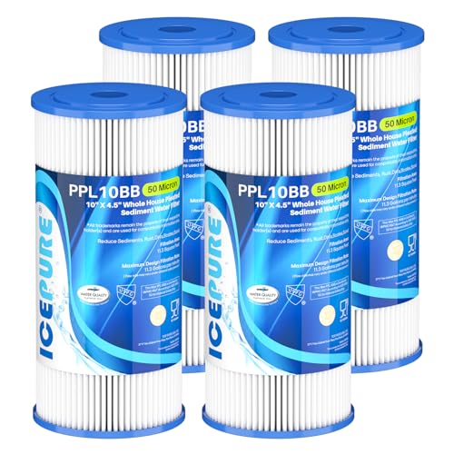 50 Micron 10" x 4.5" Whole House Extra Coarse Pleated Sediment Filter for Well Water (4 Count)