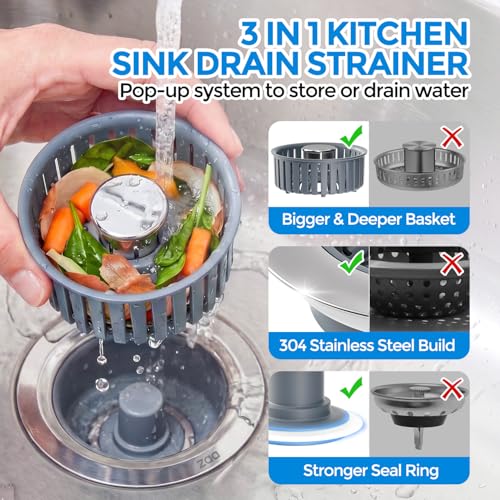 3 in 1 Kitchen Sink Drain Strainer Stopper Removable Basket Pop