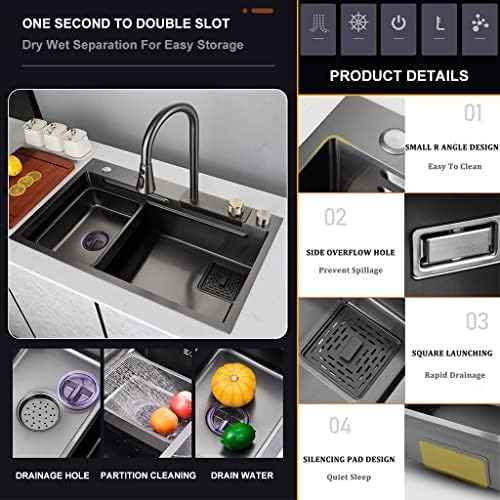 Waterfall Multi-Function Digital Display Sink，Waterfall Sink Waterfall Kitchen Sink Versatile Stainless Steel Single-Bowl Kitchen Workstation Sink Waterfall Pull-Down Faucet and Complete Acc