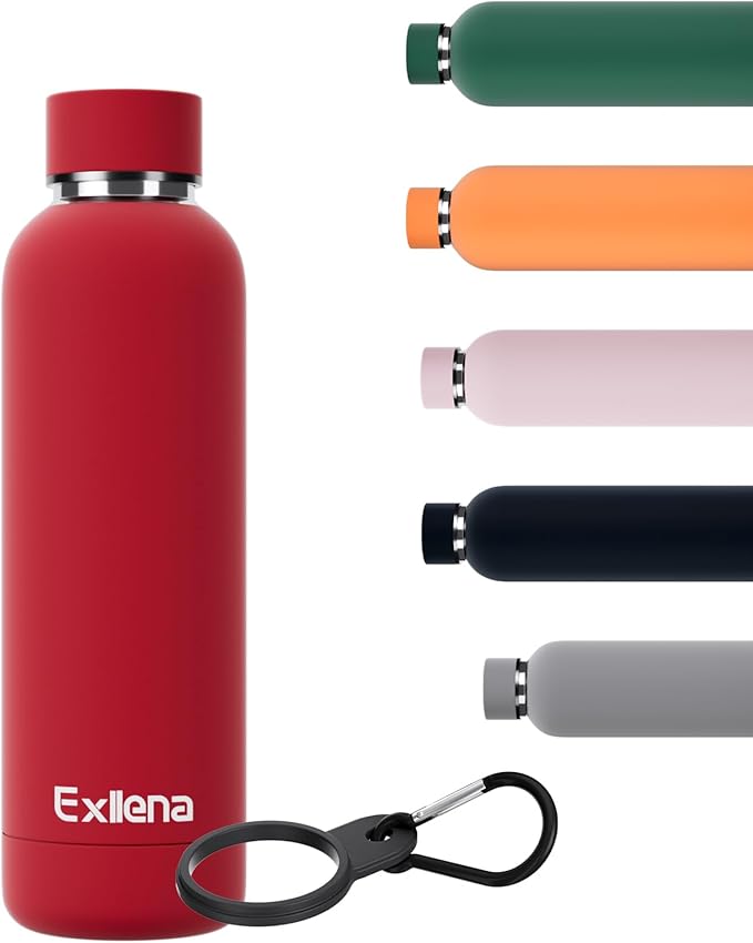 Exllena Slim Insulated Water Bottles for Travel 18oz with Clip, Double Wall Vacuum Stainless Steel Water Bottle Keeps Drinks Cold 24 Hrs/Hot 12 Hrs, 100% Leakproof, BPA Free（Red）