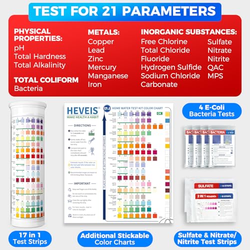 21-in-1 Home Drinking Water Testing Kit - 120 Strips + 4 Bacteria Tests - Tap and Well Water Test Kit, Easy to Test and Read for Hardness, Lead, Iron, Fluoride, pH, Copper, Bacteria and More (124 Count)
