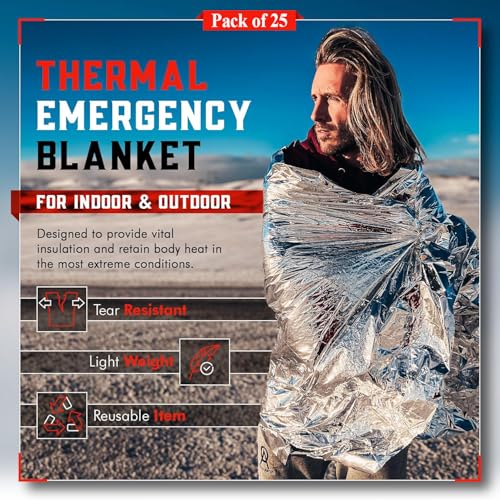 Emergency Blanket Mylar Thermal Space Survival Gear & Supplies 25 (25 Count)