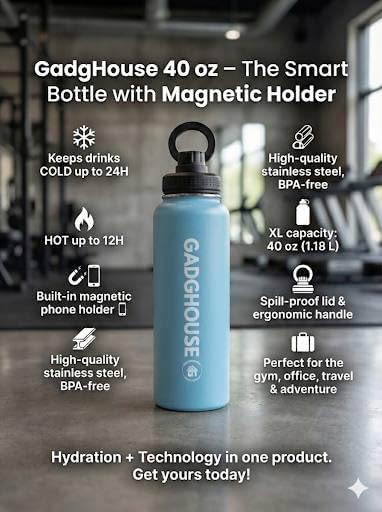 GadgHouse 40oz Stainless Steel Water Bottle with Magnetic Phone Holder, Compatible with Apple and Android. Leakproof, Insulated, BPA-Free, Keeps Hot 12H Cold 24H, for Gym, Office, Travel (ICE BLUE)