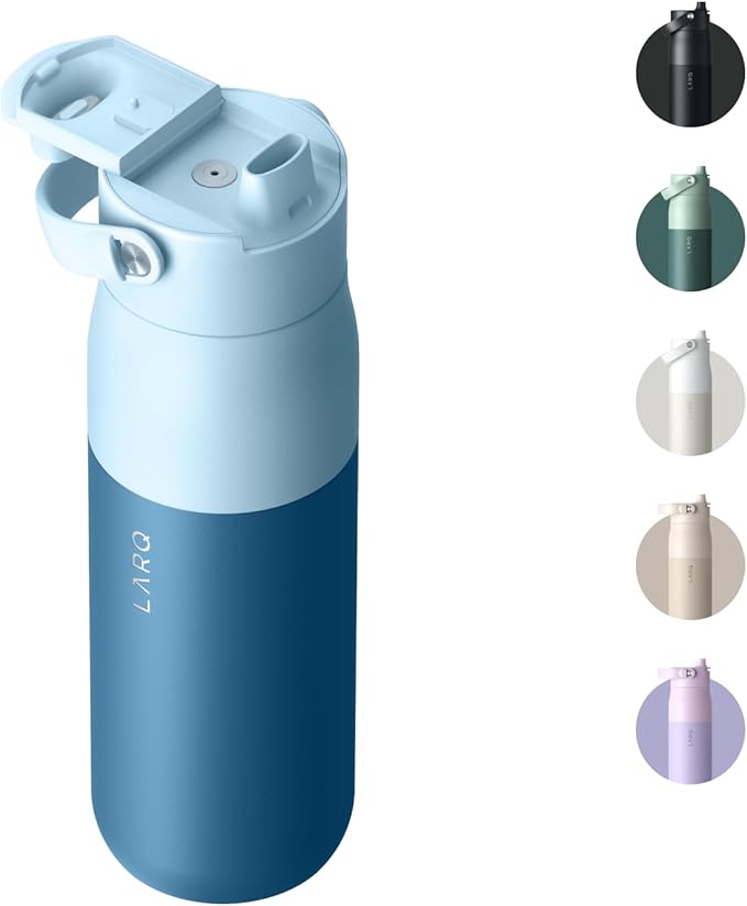 LARQ Bottle Swig Top 34oz - Insulated Reusable Stainless Steel Water Bottle With Built-In Silicone Handle | BPA Free | For Sports, Gym, and Travel | Amalfi Blue