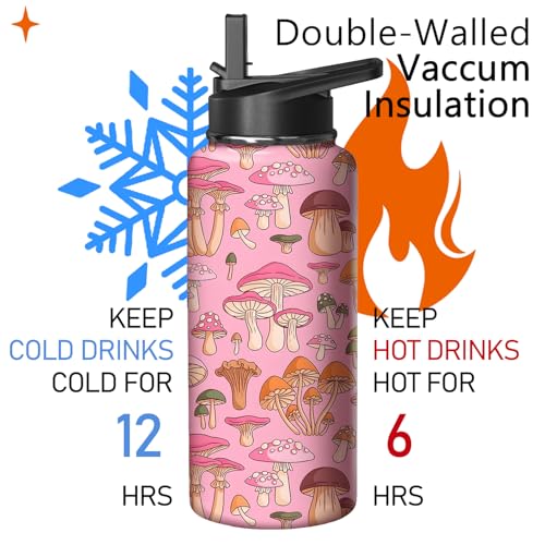 32oz Mushroom Water Bottle with Handle and Flip Straw
