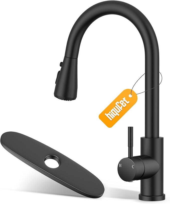 Kitchen Sink Faucet with Pull Down Sprayer with Deck Plate, 1 or 3 Holes High Arc Faucet, Stainless Steel Modern Bar Sink Faucets for Pot Filler, Farmhouse Laundry, RV Bathroom (Black)