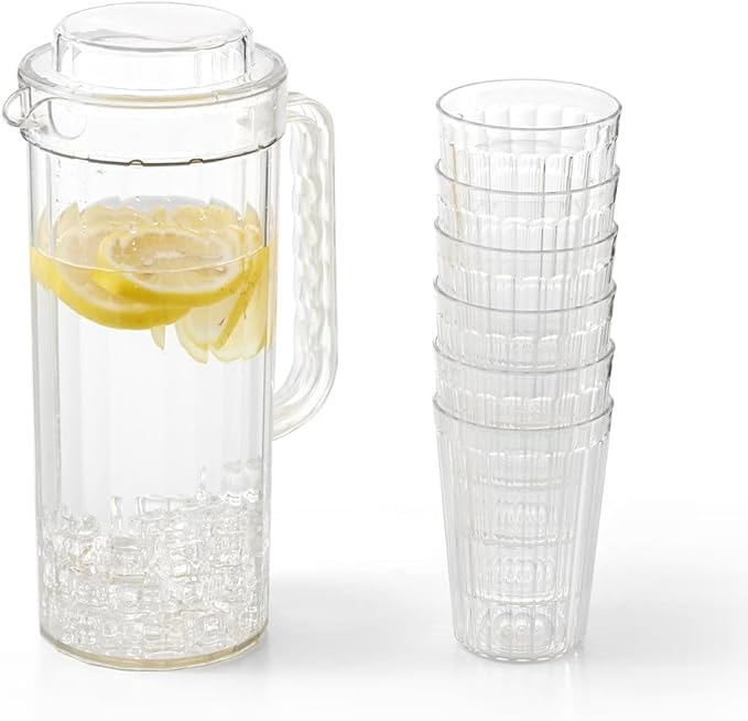 Blue Boat Plastic Picther (64oz) with 6 water cups, Clear Water Pitcher with Lid, Fridge Jug, BPA-Free, Shatter-Proof,BPA-Free, Great for Both Iced and Hot Drinks, Indoors and Outdoors