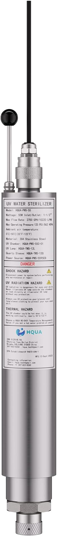 HQUA PWS-55 55W Pond Pool UV Purifier Clarifier, Weatherproof IP67, Stainless Steel UV Reactor, Pond Size Up to 8000 Gallons, Max Flow Rate 2700 GPH