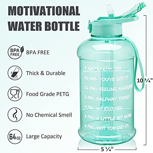 Half Gallon Water Bottle with Sleeve 64 OZ Water Bottle with Handle & Straw Leakproof Motivational Sports Gym Water Bottle with Time Marker Water Jug with Neoprene Holder