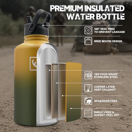 64 oz Tactical Water Bottle with MOLLE Bottle Pouch & 3 Lids