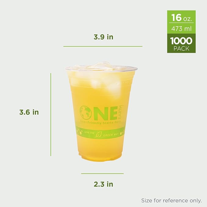 Karat Earth [1,000 ct - 16 oz] Compostable PLA Plastic Cups, BPI Certified Disposable Renewable Cold Cups for Iced Coffee, Smoothies, and More | Green Line