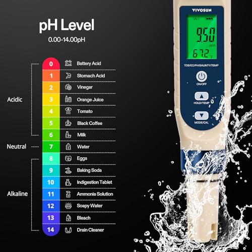 5-in-1 Digital PH Meter with PH/Salinity/TDS/EC/Temperature Function, Backlight Screen, IP67 Waterproof for Hydroponics, Home Drinking, Pool and Aquarium