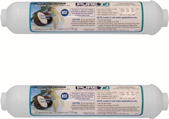 PureT IL-10W-C-EZ, 10"x2" (1/4" EZ Connect) Inline Post GAC Carbon Filter - NSF Certified - Reverse Osmosis Water Filter, Lifetime of 1 Year or 1,500 Gallons (2 Pack) (2 Count)