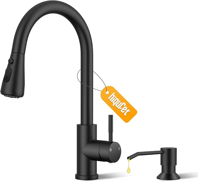 Black Kitchen Faucet with Soap Dispenser & Pull Down Sprayer, Rv Kitchen Sink Faucets for Pot Filler, Farmhouse Camper Bar Sink Laundry, RV Bathroom, Single Hole Single Handle Stainless Steel