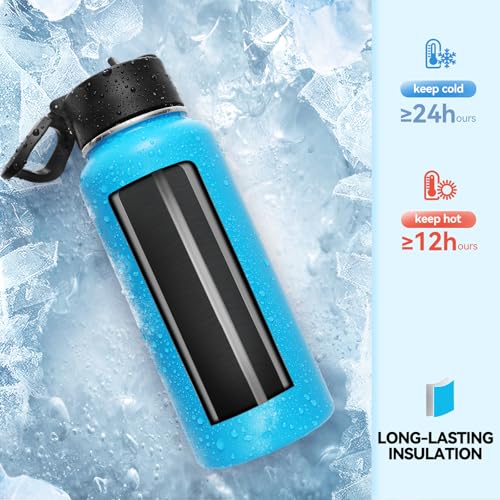 32 oz Insulated Water Bottles Bulk with 2 Lids (8 Count)