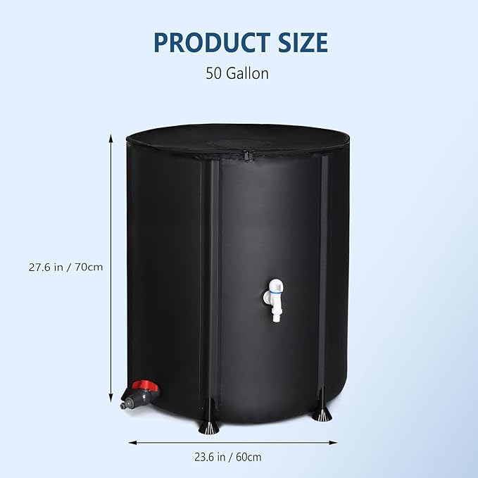 VINGLI Upgraded 50 Gallon Collapsible Rain Barrel, Portable Water Storage Rain Water Collection System, Weather Proof Sturdy Water Tank Water Catcher Container with Filter Spigot Overflow Kit