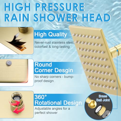 6 Inch Square Shower Head Stainless Steel High Pressure Rain Shower Heads with Extension Arm Adjustable Angle Replacement Luxury Shower Head for Modern Bathroom