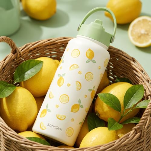 Lemon Water Bottle Stainless Steel 32oz with Lid & Straw
