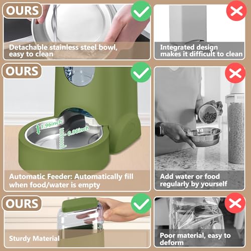 Portable Automatic Cat Feeder and Water Dispenser with Stainless Steel Bowl Dog Gravity Food Feeder and Waterer for Small Medium Pets Puppy Kitten 1 Gallon x 2