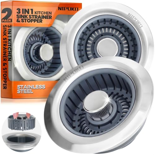 3 in 1 Kitchen Sink Drain Strainer Stopper Basket Pop Up Silver (2 Count)