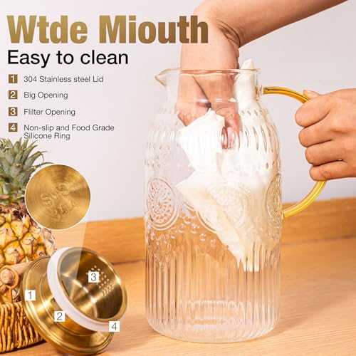 Glass Pitcher with Lid 68oz 2L Vintage Water Carafe Beverage 2Pack (2 Count)