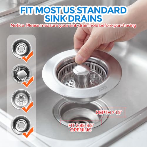 3-in-1 Kitchen Sink Drain Strainer, 304 Stainless Steel Sink Stopper