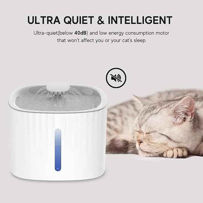 Leo's Paw Cat Water Fountain 84oz/2.5L Automatic Pet Water Dispenser with LED Light and Water Level Window Triple Charcoal Filter Ultra Quiet & Peaceful Flow Tilted Design for Easy Drinking