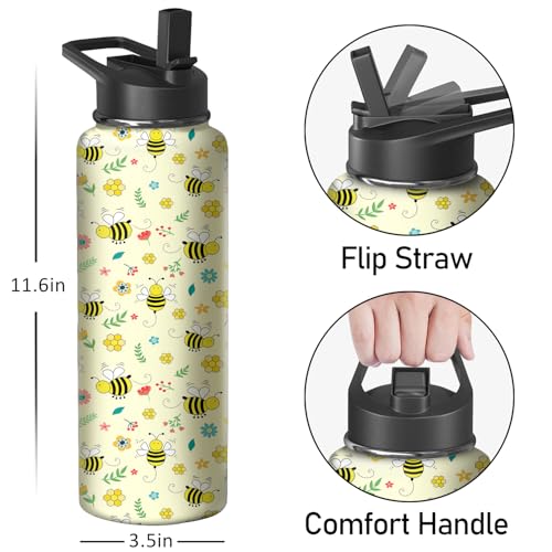 40oz Bee Water Bottle with Handle and Flip Straw