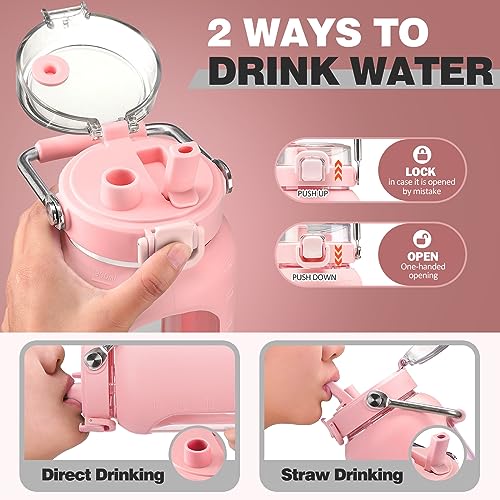 64oz Water Bottle Glass with Stainless Steel Handle Large Water Bottle with Time Markers and Silicone Sleeve Half Gallon Water Jug BPA Free for Gym Daily Use