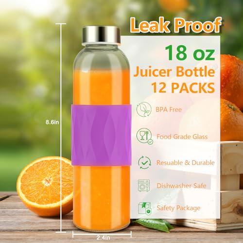 18oz Glass Juice Bottles with Stainless Steel Lid Leak Proof 12 Pack (12 Count)