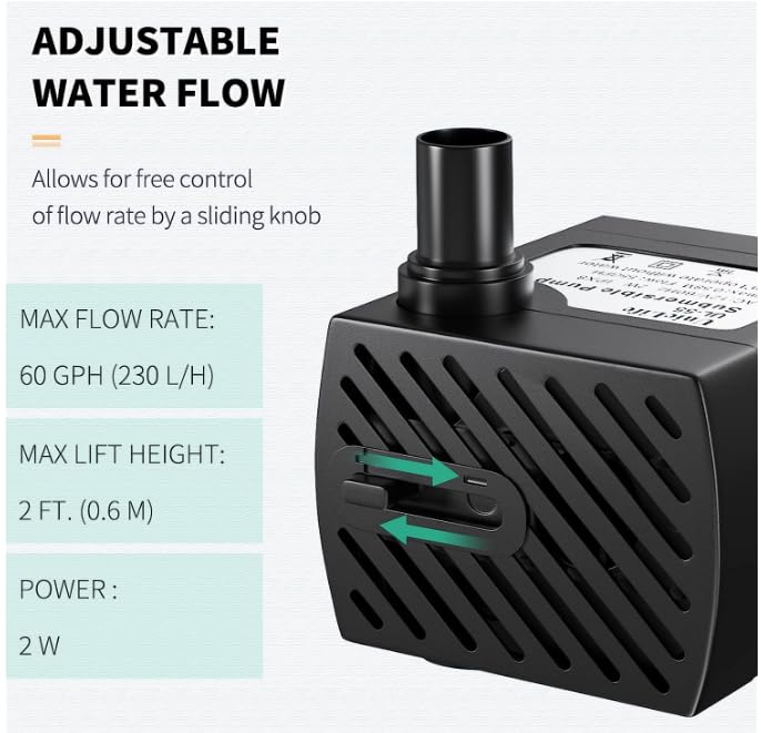 Pet Replacement Pump 60 GPH 2W 2ft High Lift Quiet Pump for Smart Pet Fountains 12 V Compact Submersible Water Pump with 120 V Converter Adaptor for Nano Fish Tanks Bowls Up to 5 Gallons