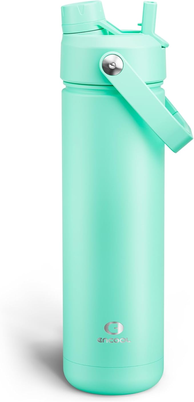 ENCOOL Insulated Water Bottle with Straw Stainless Steel Water Bottle, Leak-Proof, BPA-Free, Double Wall Vacuum Keeps Cold for 24 Hours for Sports, Travel, School (26 oz, Brook Green)
