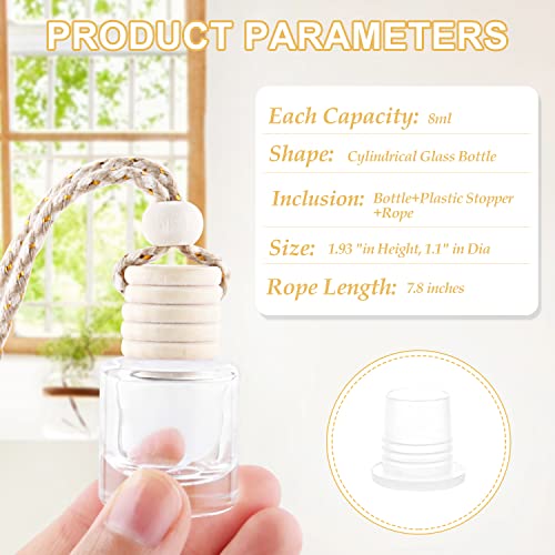 50 Pcs/Set,8ml Hanging Car Air Freshener Diffuser,Empty Refillable Clear Glass Essential Oil Fragrance Perfume Diffuser Pendant Glass Vials with Wooden Caps & Hanging String,Cylindrical Style (50 Count)