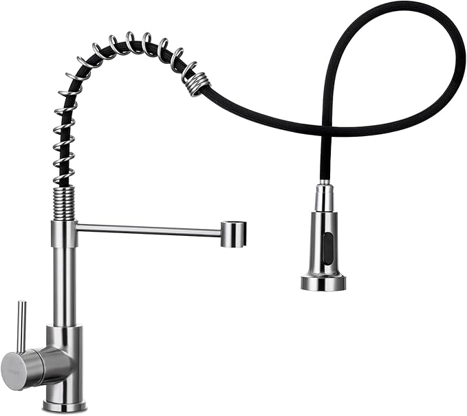WEWE Kitchen Sink Faucet, Kitchen Faucets with Pull Down Sprayer Stainless Steel Single Handle Single Hole Brushed Nickel Commercial Industrial Spring Pull Out Laundry Farmhouse Kitchen Faucet