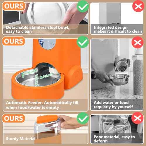 Portable Automatic Cat Feeder and Water Dispenser with Stainless Steel Bowl Dog Gravity Food Feeder and Waterer for Small Medium Pets Puppy Kitten 1 Gallon x 2