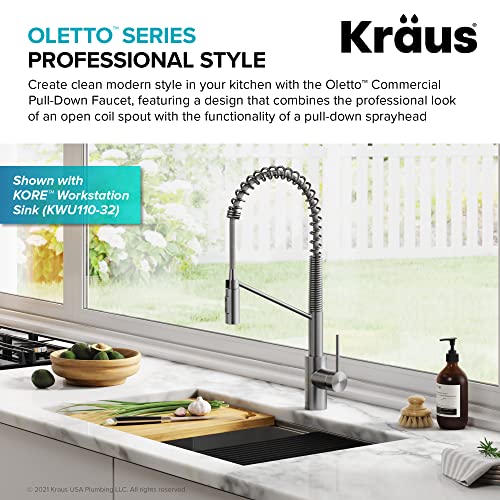 Oletto Commercial Style Single Handle Pull Down Kitchen Faucet with QuickDock Top Mount Installation Assembly in Spot Free Stainless Steel