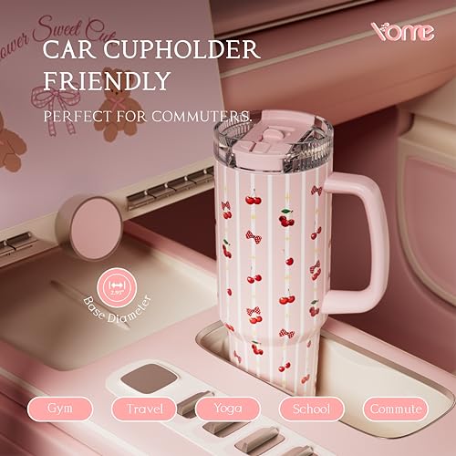 DetaClean 40oz Stripe Cherry Pink Tumbler with Handle and Flip Straw for Women