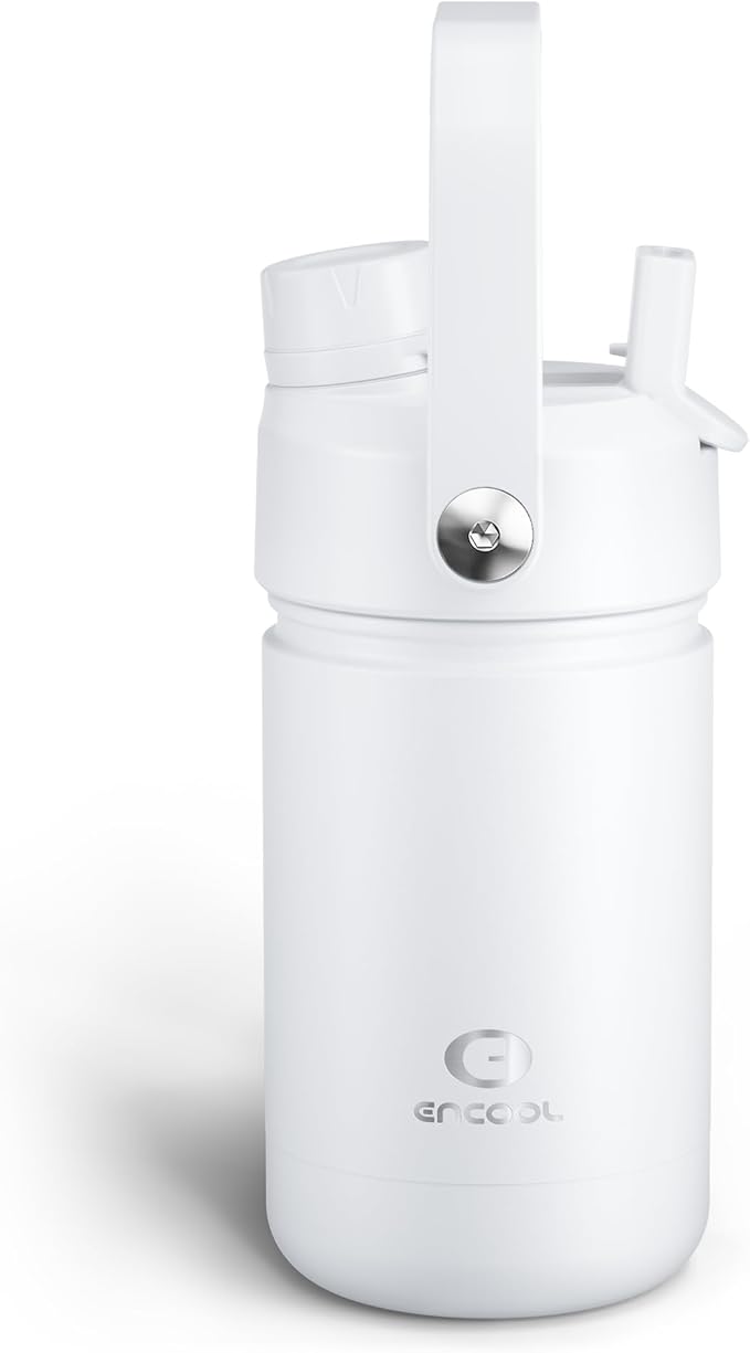 Kids Insulated Water Bottle with Straw - 12oz Stainless Steel Water Bottle with Dual Spouts, Leak-Proof, BPA-Free, Double Wall Vacuum Keeps Cold for 24 Hours for Sports, Travel, School (Polar White)
