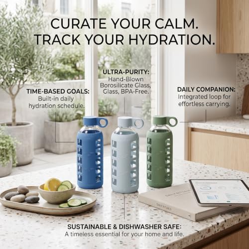 40oz / 32oz / 22oz / 12oz Borosilicate Glass Water Bottle with Time & Volume Markers, Silicone Sleeve, Stainless Steel Lid | Reusable Glass Bottle for Water & Juice (22oz Pearled Ivory)