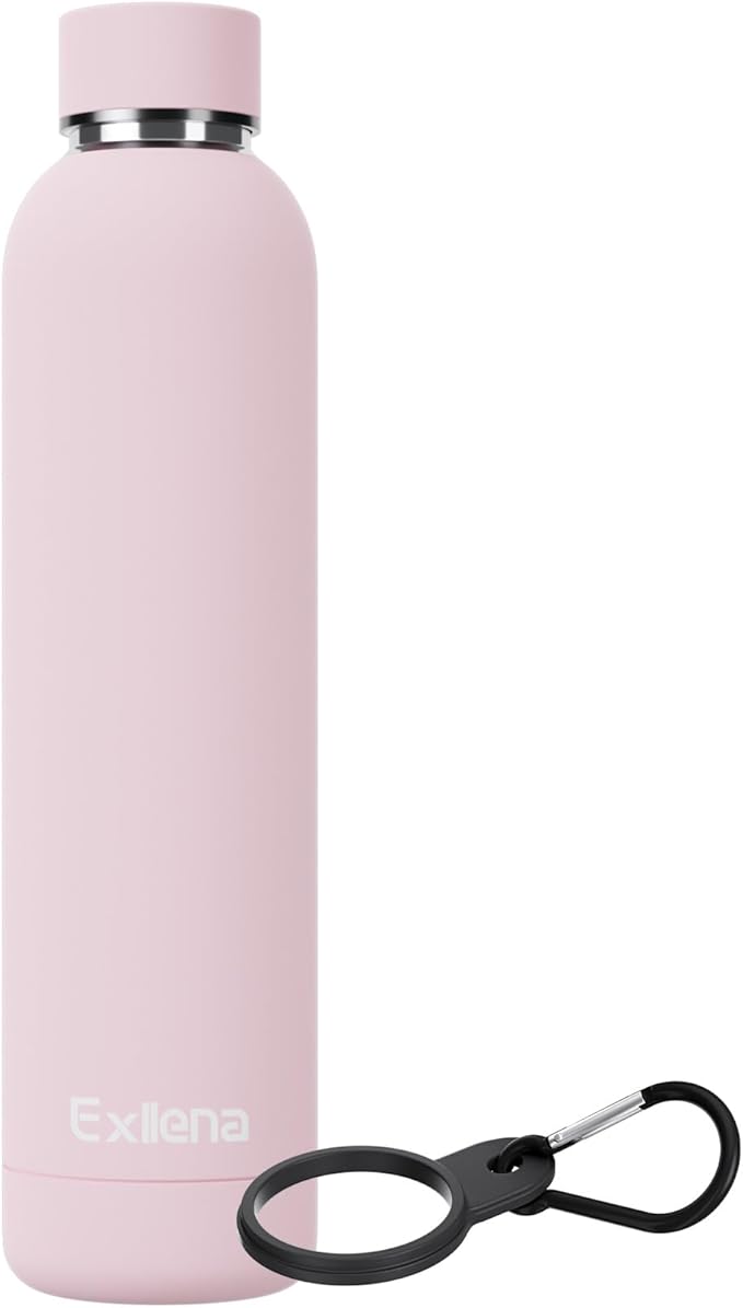 Exllena Slim Insulated Water Bottles for Travel 25oz with Clip, Double Wall Vacuum Stainless Steel Water Bottle Keeps Drinks Cold 24 Hrs/Hot 12 Hrs, 100% Leakproof, BPA Free(Pink)
