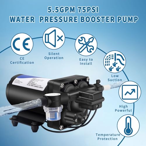 RV Fresh Water Pump 110V Water High Pressure Increase Booster Pump for Home Irrigation 5.5GPM 75PSI Marine Boat Washdown Pump Diaphragm on Demand Water Pump for Yard Garden Camp Yacht (105.76 Ounce)