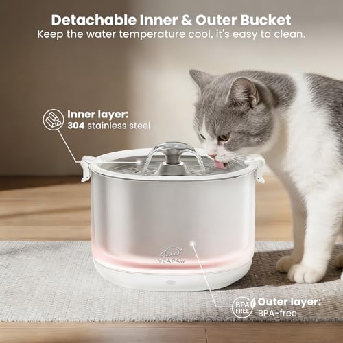 Cat Water Fountain Pumpless Stainless Steel Buckets & Bowl Wireless Pet Water Fountain 2.5L Water Fountains for Cats Indoor Dispenser Easy to Clean BPA
