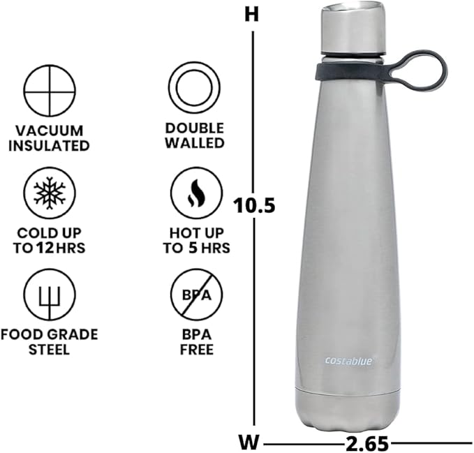 Insulated Water Bottle - On-The-Go Refillable Stainless Steel Water Bottles For Adults, Reusable Thermos Travel Tumbler With Leak-proof Lid For Hot & Cold Beverages (17Oz. Ligth Charcoal)
