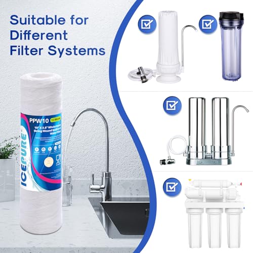 10 Micron 10" x 2.5" String Wound Sediment Water Filter Cartridge for Well filter Universal Replacement for Any 10 inch RO Unit (3 Count)