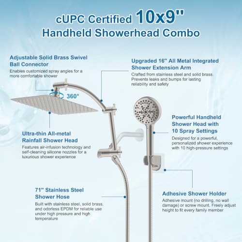 Metal 10" High Pressure Rain Shower Head Combo