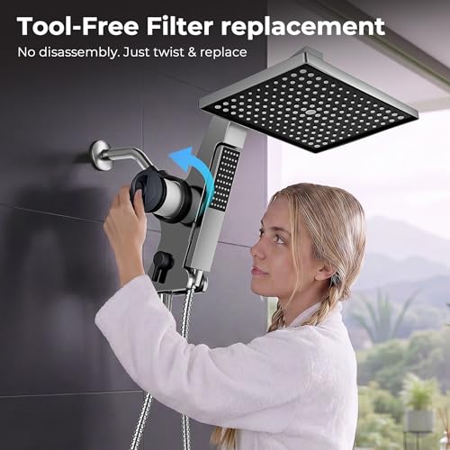 Filtered Rain Shower Head with Handheld Combo High Pressure 12'' Rainfall Shower Heads & Hidden Detachable Wand Dual Showerhead Water Softener for Hard Water Easy Filter Replacement