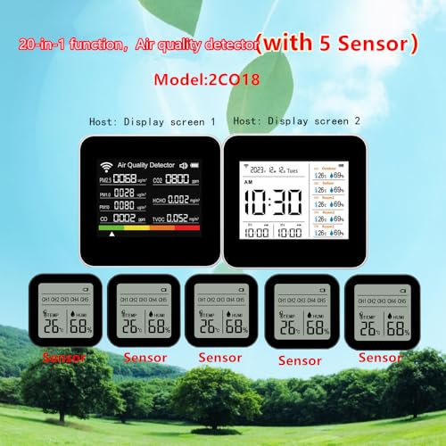 20-in-1 Smart WiFi Air Quality Monitor CO2 TVOC HCHO PM2.5 PM10 & Weather Stations Wireless Indoor Outdoor Thermometer with 5 sensors ，Air Quality Tester for Bedroom, Smart Home, Phone APP