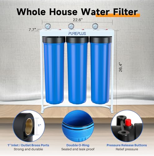 20-Inch 3-Stage Whole House Water Filter, Home Filtration System | Pleated Pre-Filter, Activated Carbon & Iron-Manganese Reducing | Built-in Pressure Gauges, with Steel Stand Frame