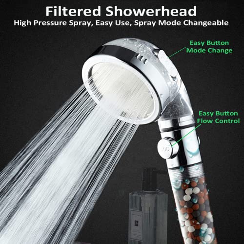 Filter Showerhead with Bracket Metal Hose High Pressure Handheld Shower Purifying Hard Water Softener Chlorine Flouride Filter Multi Modes Changeable Shower head Fresh Dry Skin & Hair Loss
