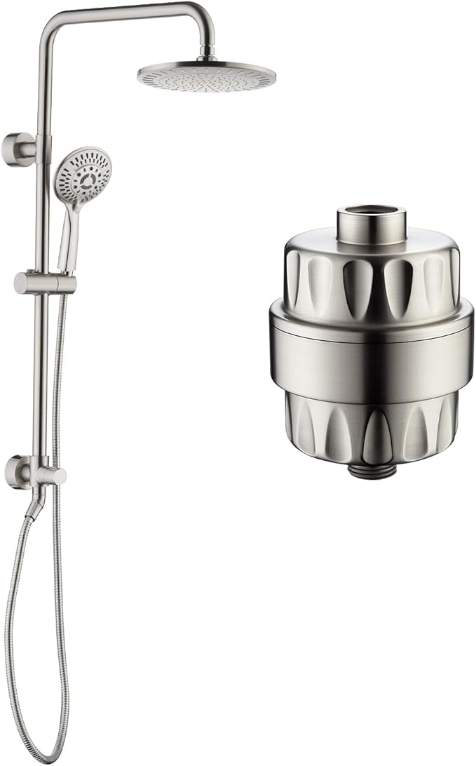 BRIGHT SHOWERS Rain Shower Heads System with High Output Shower Filter for Hard Water, Brushed Nickel
